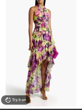 Badgley Mischka Yellow Multi Ruffle High-Low Gown Sz 10 NWT